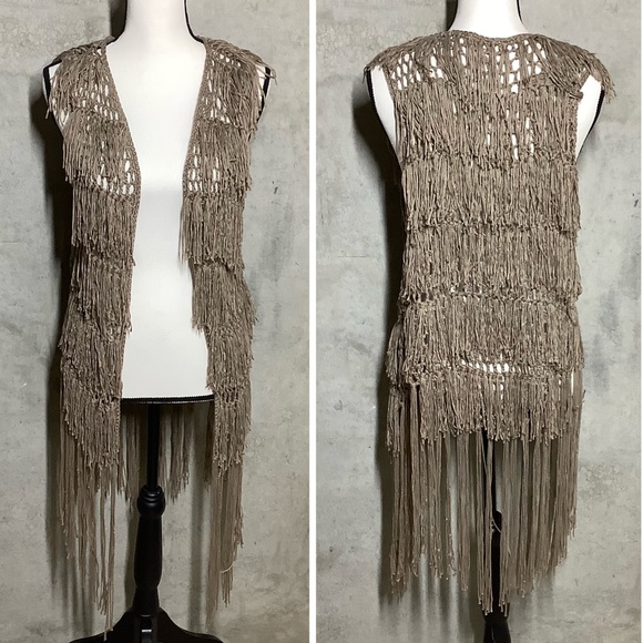 🍒 FRINGE VEST CROCHET NET MIDI DUDSTER BOHO CHIC TAN BOHEMIAN COUTURE COVER - Picture 9 of 9